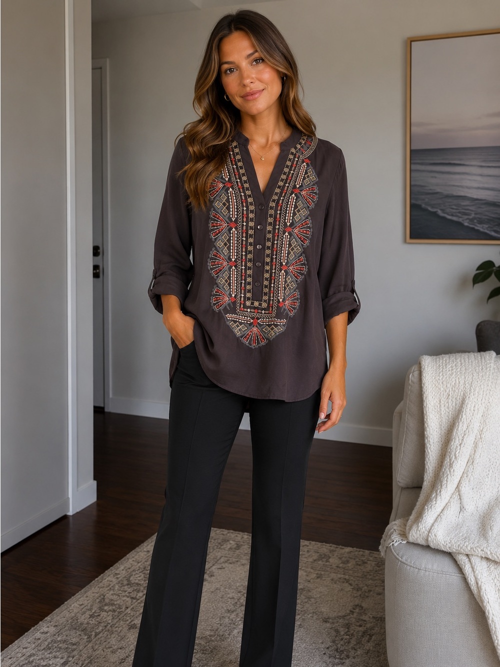 Luna Moon Grey Embroidered Tunic Top Medium